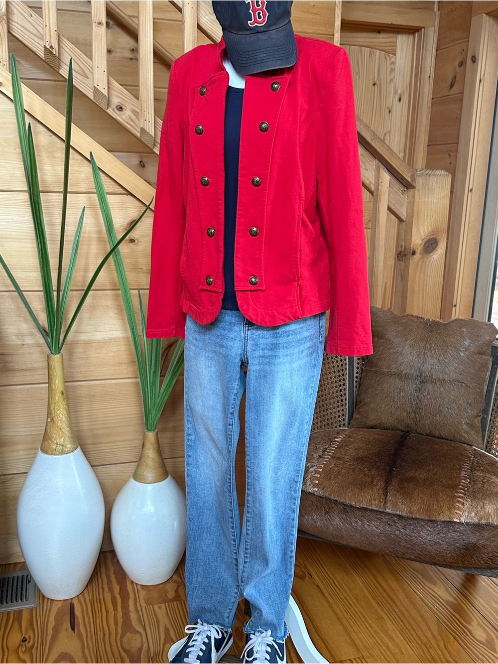 Tommy Hilfiger Red Double-Breasted Military-Inspired Blazer